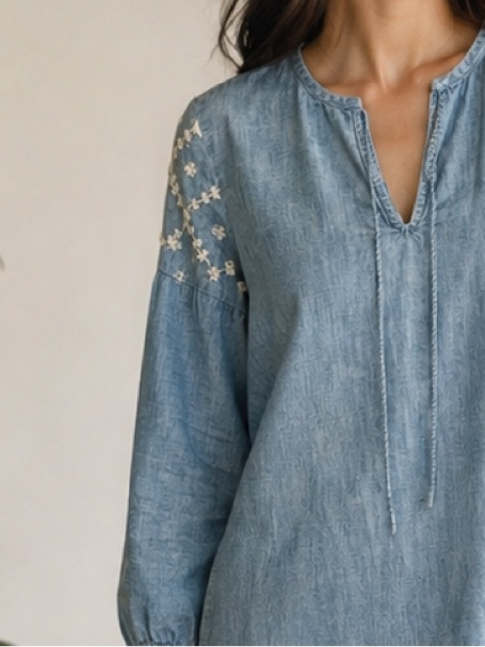 Old Navy Chambray Embroidered Peasant Dress Small Petite Boho 3/4 Sleeve Shift